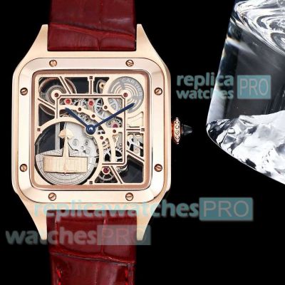 Super Clone Cartier Santos Dumont Skeleton Rose Gold Red Strap Micro Rotor 